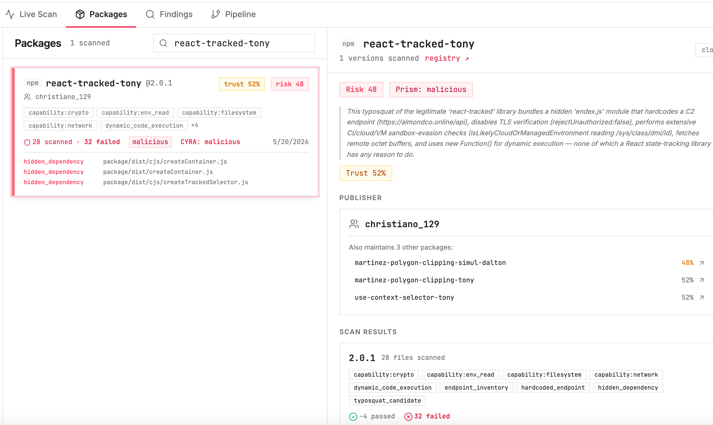 SOVA Firehose showing react-tracked-tony flagged as malicious with 0.99 confidence
